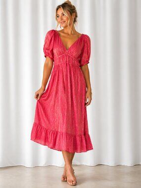 Vineyard Vines Coral Midi Dress Puff Sleeve Shimmer Thread Size S